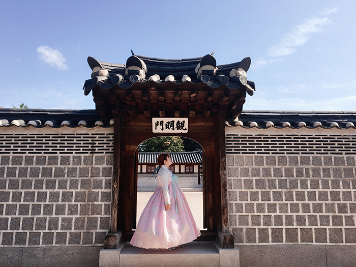  
Constanza Jorquera poses for a photo in Hanbok (traditional Korean costume) during her visit to Korea. (Constanza Jorquera)
